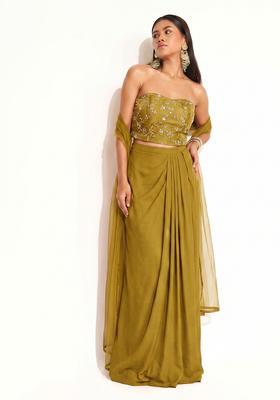 Olive Green Embroidered Organza Pre Draped Saree Set