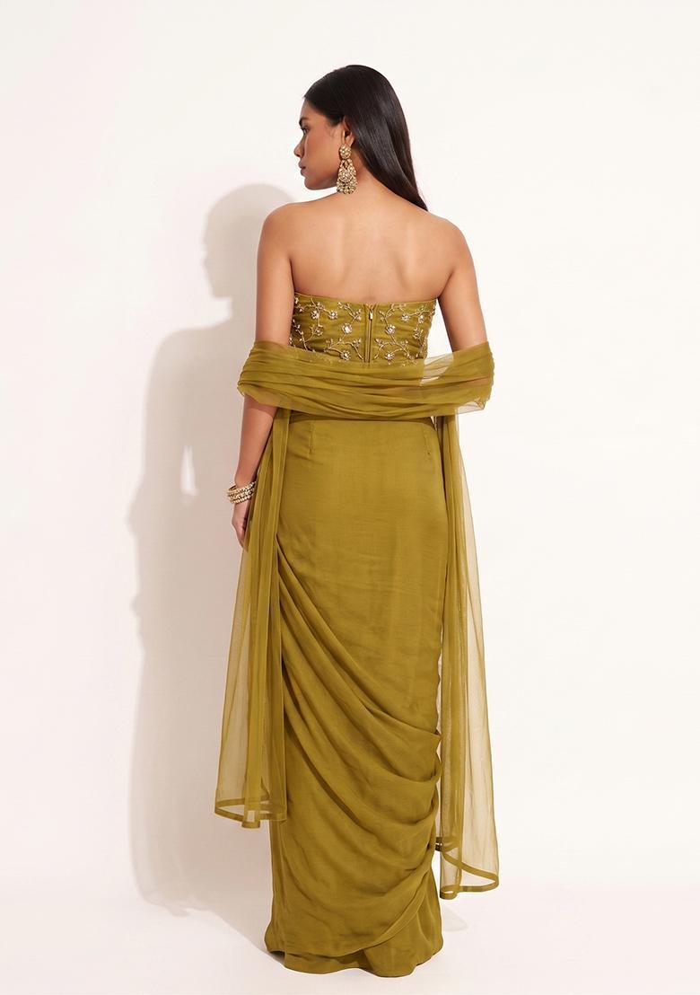 Olive Green Embroidered Organza Pre Draped Saree Set - Indya