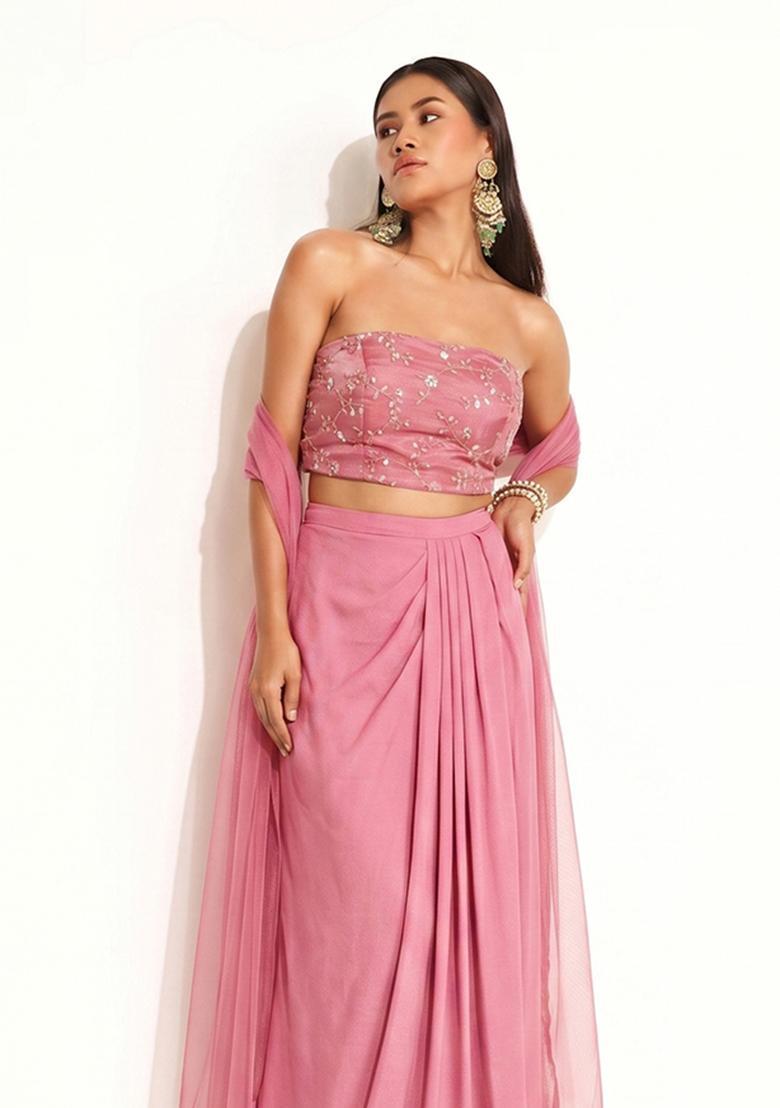 Pink Embroidered Organza Pre Draped Saree Set - Indya