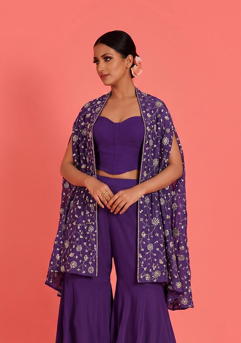 Deep Purple Embroidered Tissue Fusion Set - Indya