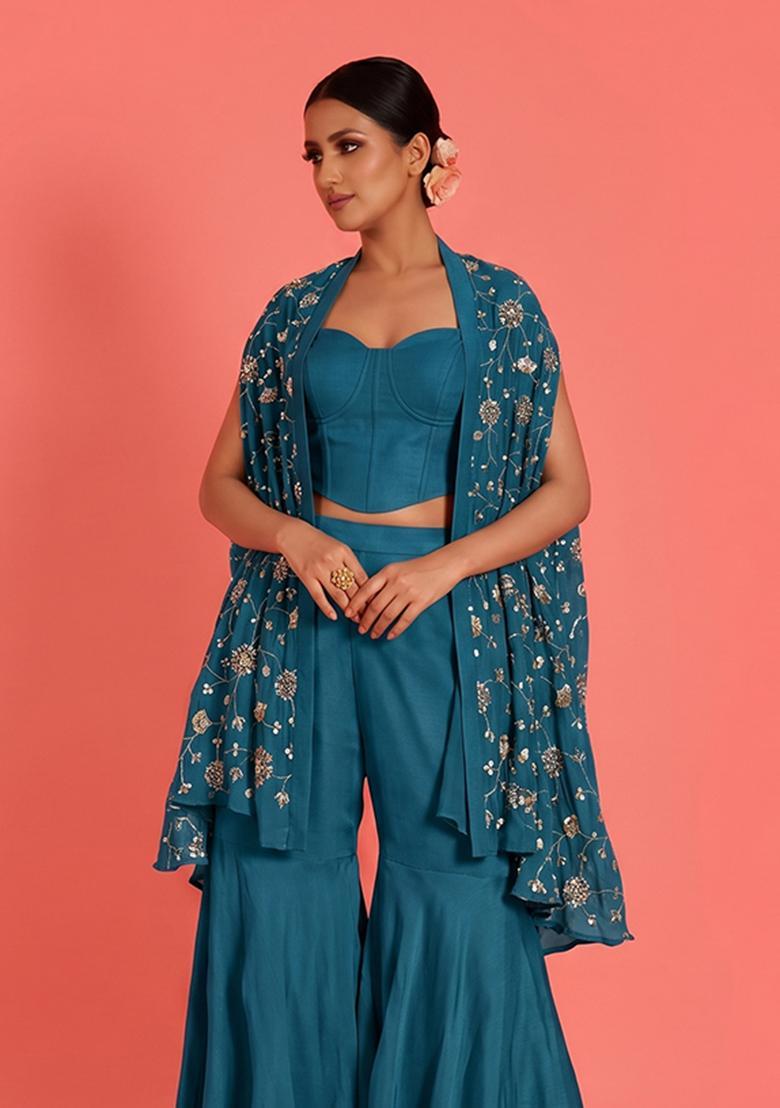 Teal Embroidered Tissue Fusion Set - Indya