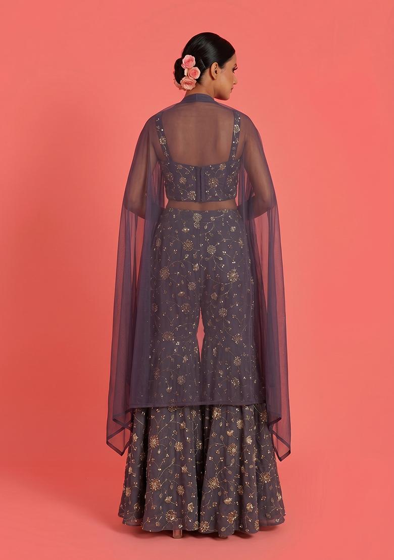 Grey Embroidered Tissue Fusion Set - Indya