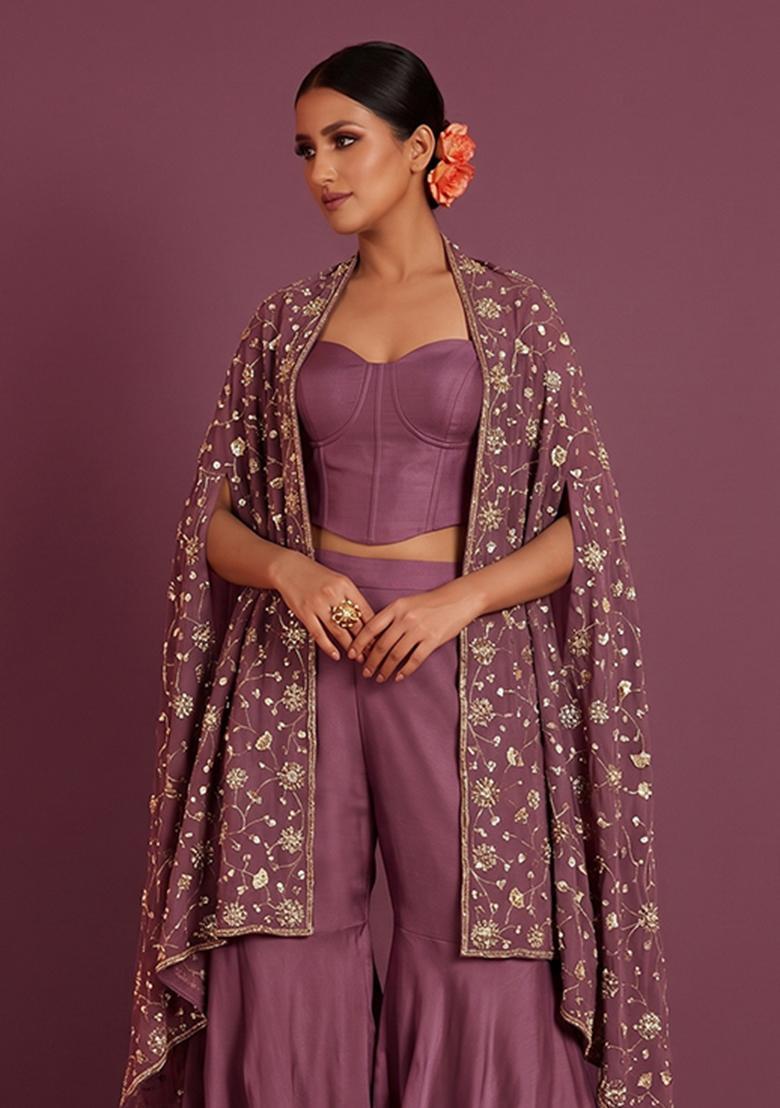 Mauve Embroidered Tissue Fusion Set - Indya