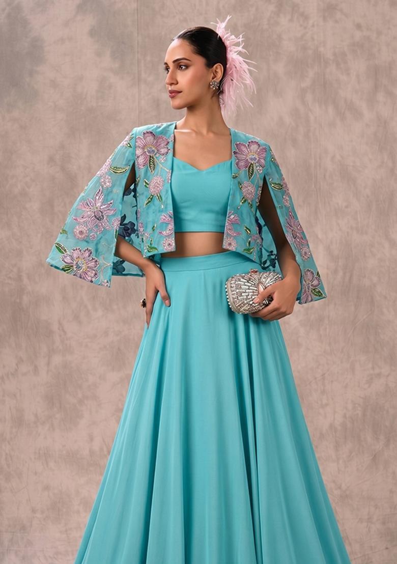 Teal Blue Printed Tissue Lehenga Set - Indya