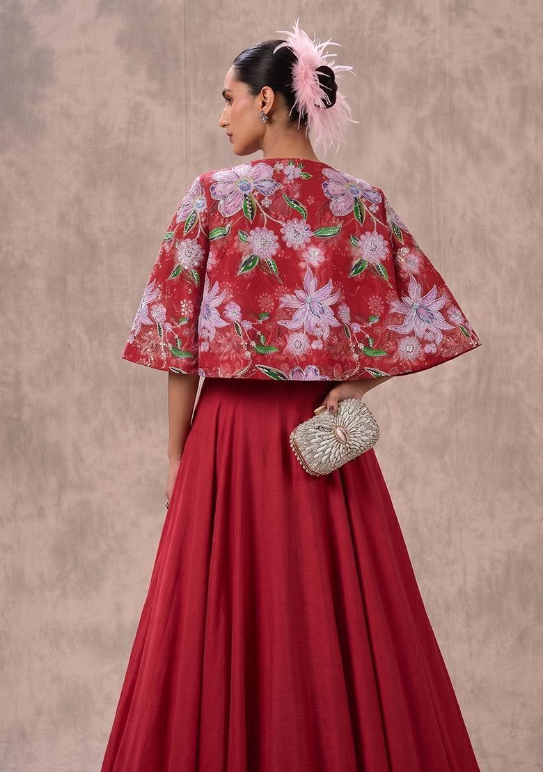 Crimson Red Printed Tissue Lehenga Set - Indya