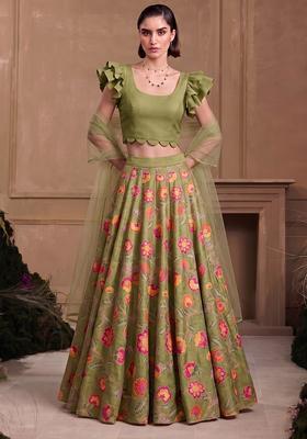 Olive Green Printed Chanderi Lehenga Set