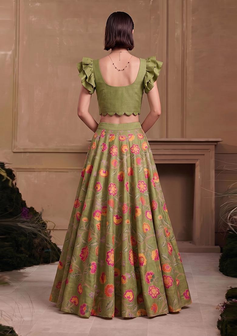 Olive Green Printed Chanderi Lehenga Set - Indya