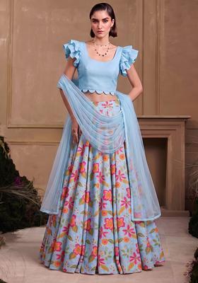 Sky Blue Printed Chanderi Lehenga Set
