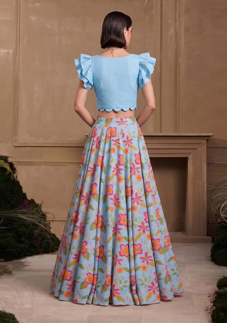 Sky Blue Printed Chanderi Lehenga Set - Indya