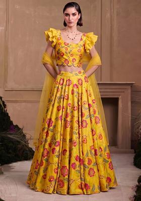 Mustard Yellow Printed Chanderi Lehenga Set