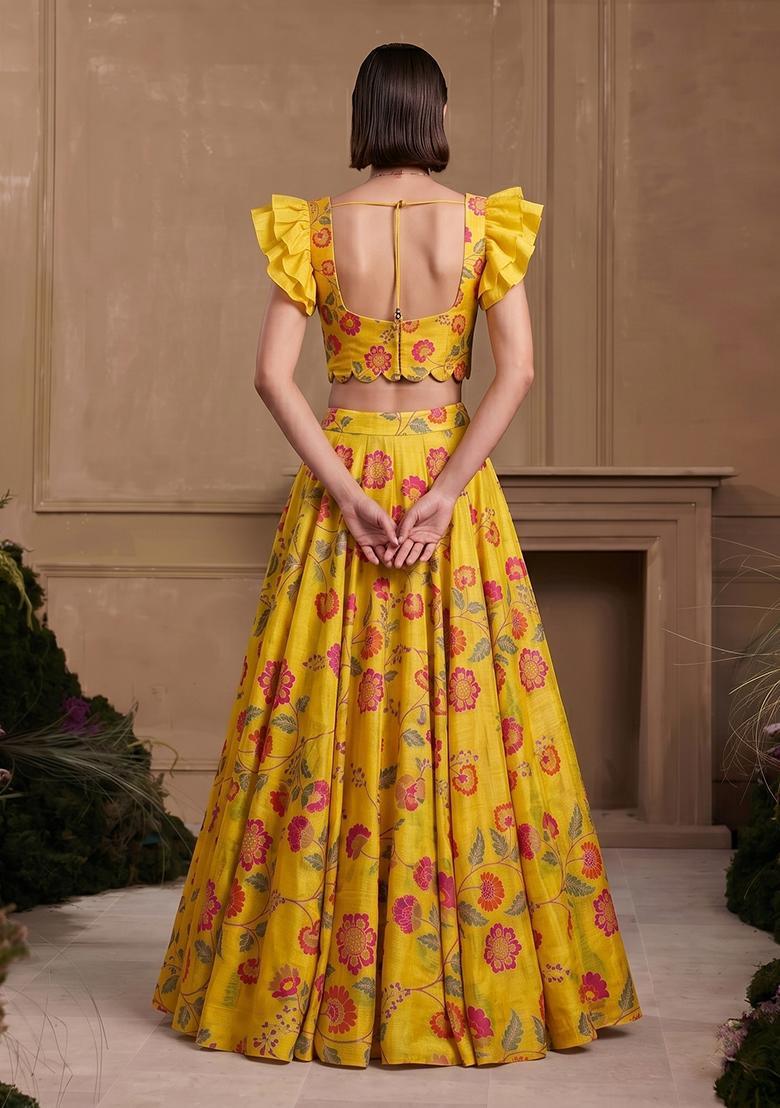 Mustard Yellow Printed Chanderi Lehenga Set - Indya