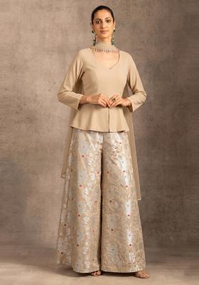 Cream Beige Zari Silk Blend Fusion Set