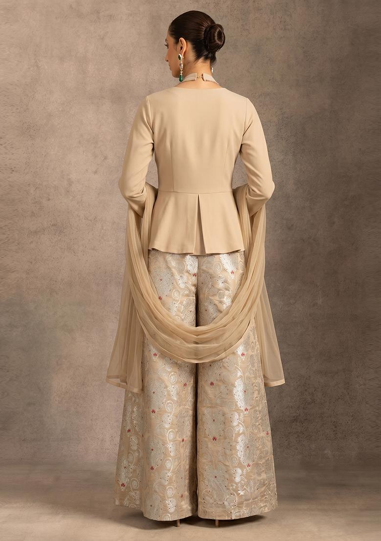 Cream Beige Zari Silk Blend Fusion Set - Indya
