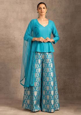 Teal Blue Zari Silk Blend Fusion Set