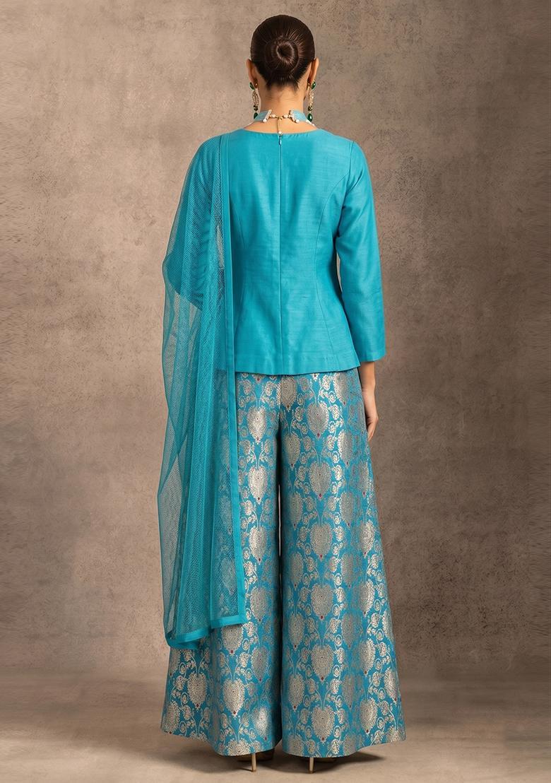 Teal Blue Zari Silk Blend Fusion Set - Indya