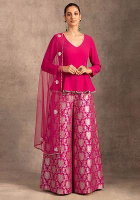 Rani Pink Zari Silk Blend Fusion Set