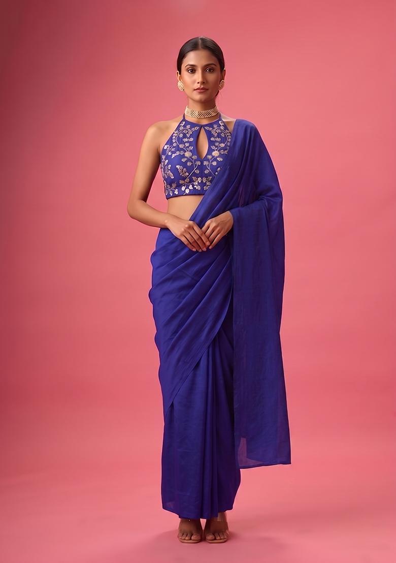Royal Blue Embroidered Crepe Pre Draped Saree Set - Indya
