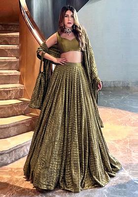 Olive Green Embroidered Georgette Lehenga Set