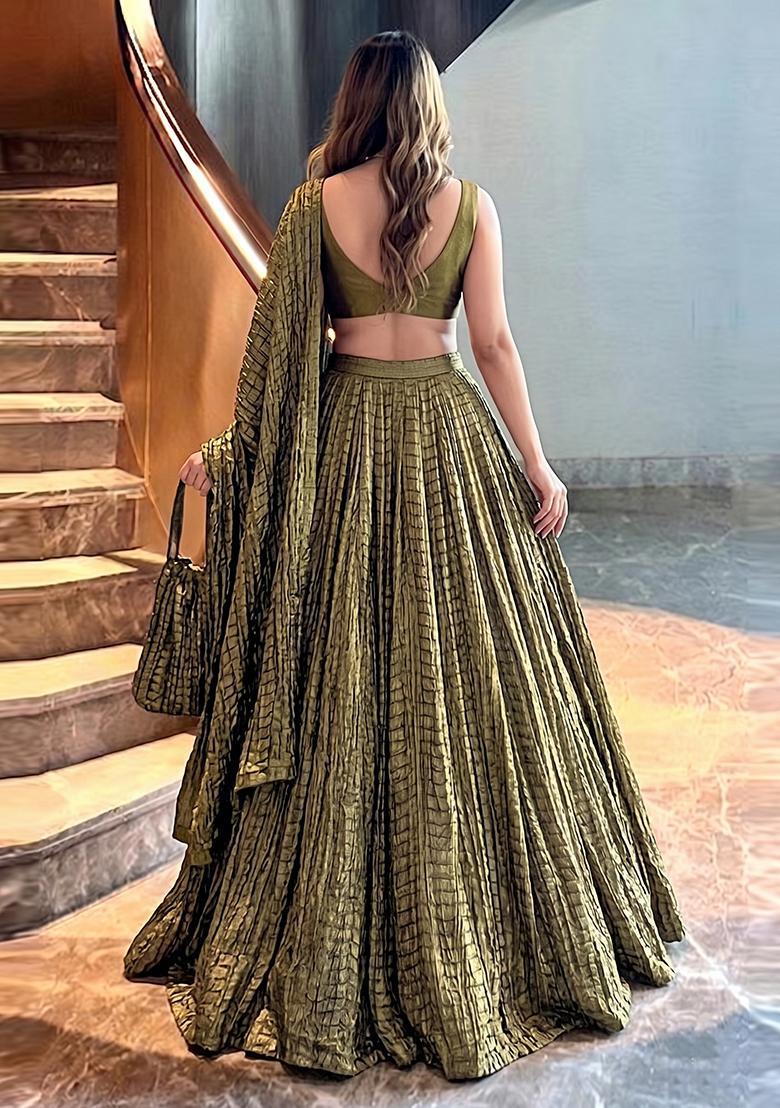 Olive Green Embroidered Georgette Lehenga Set - Indya