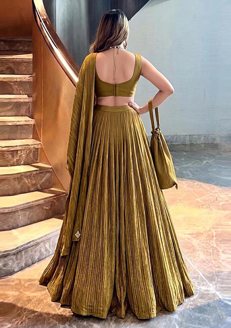 Olive Green Solid Georgette Lehenga Set - Indya