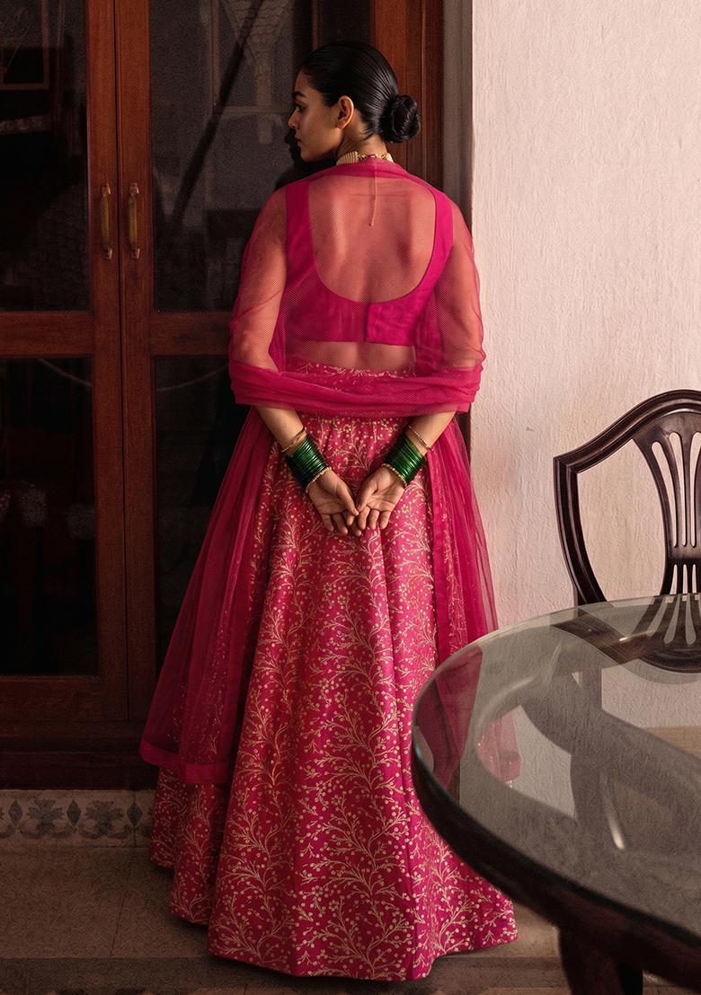 Rani Pink Zari Silk Blend Lehenga Set - Indya