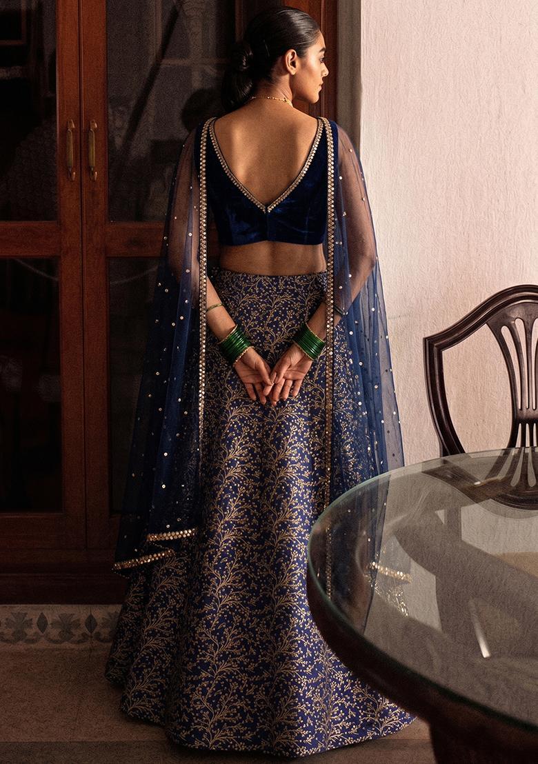 Navy Blue Zari Silk Blend Lehenga Set - Indya