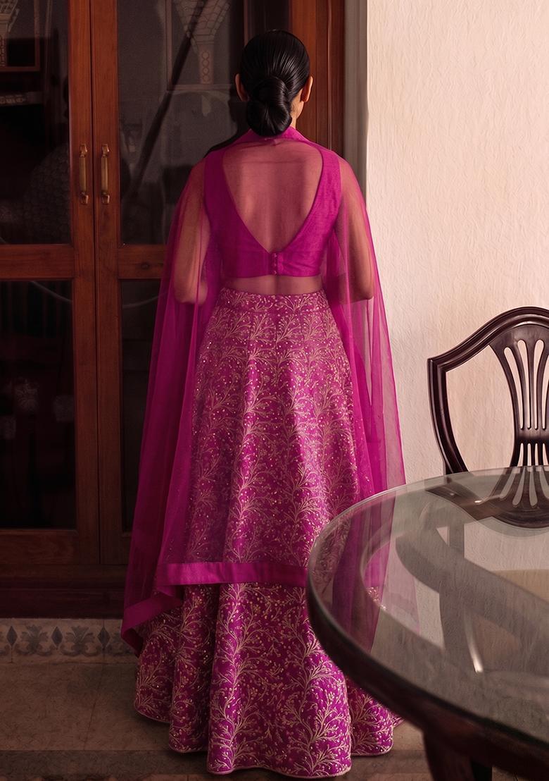 Magenta Pink Zari Silk Blend Lehenga Set - Indya