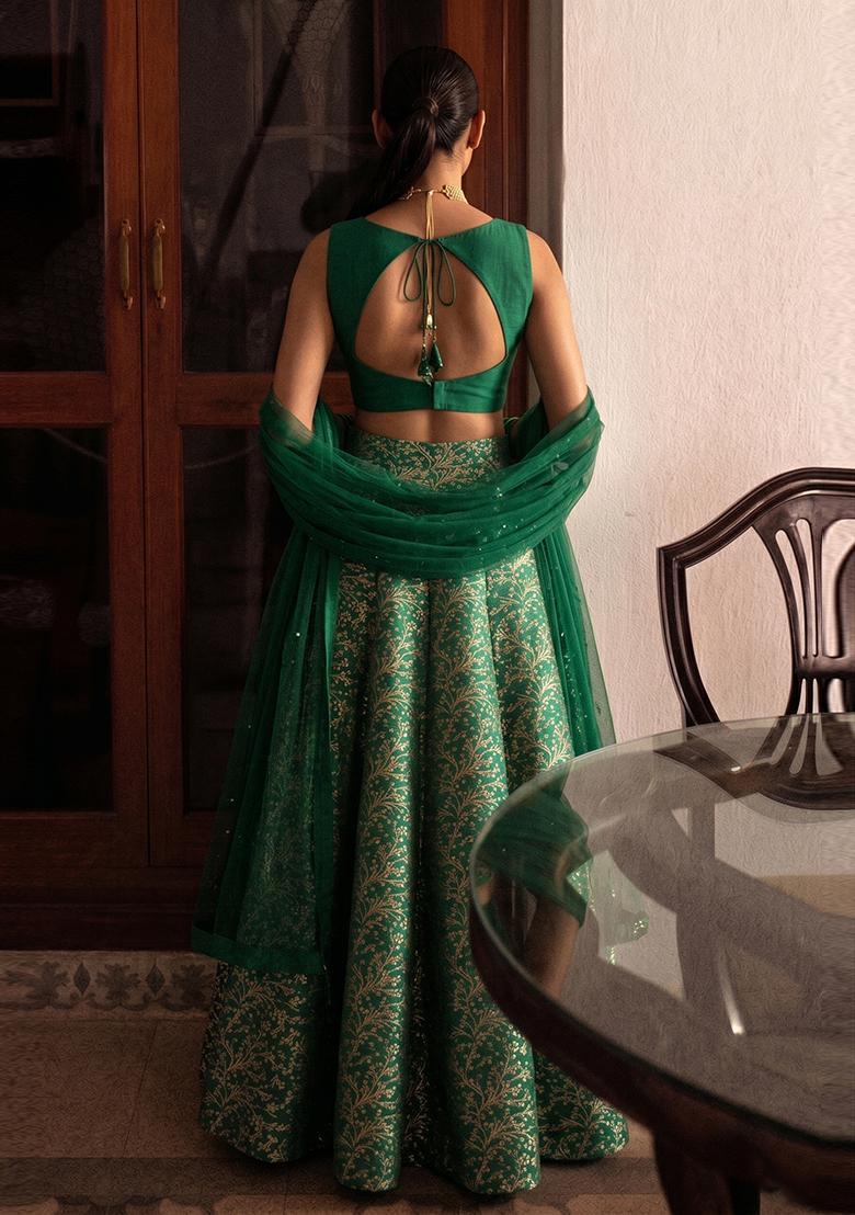 Bottle Green Zari Silk Blend Lehenga Set - Indya