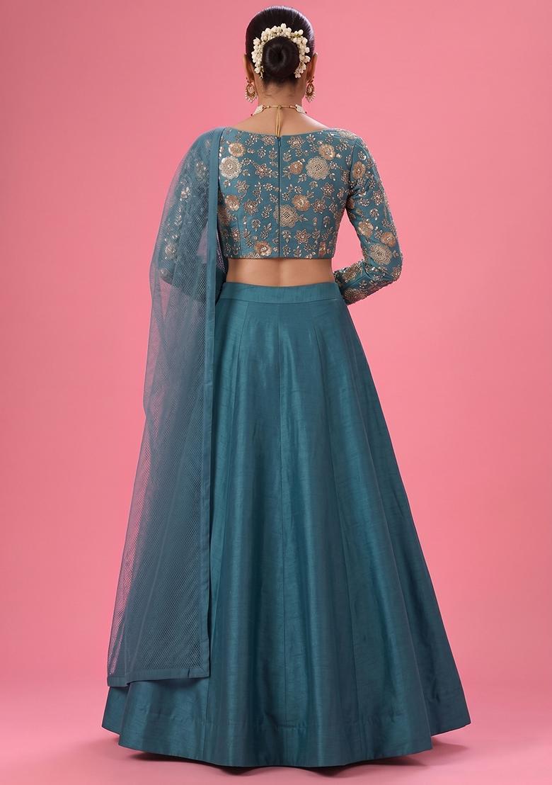 Teal Blue Embroidered Georgette Lehenga Set - Indya