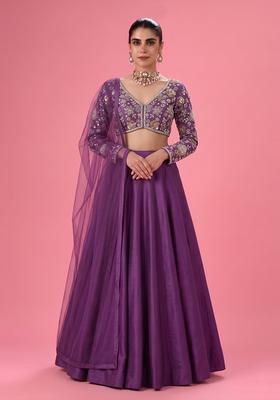 Deep Purple Embroidered Georgette Lehenga Set