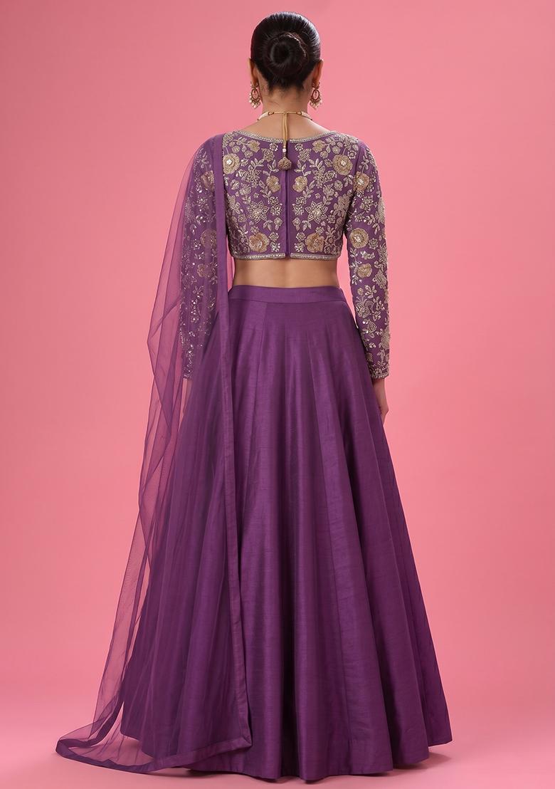 Deep Purple Embroidered Georgette Lehenga Set - Indya