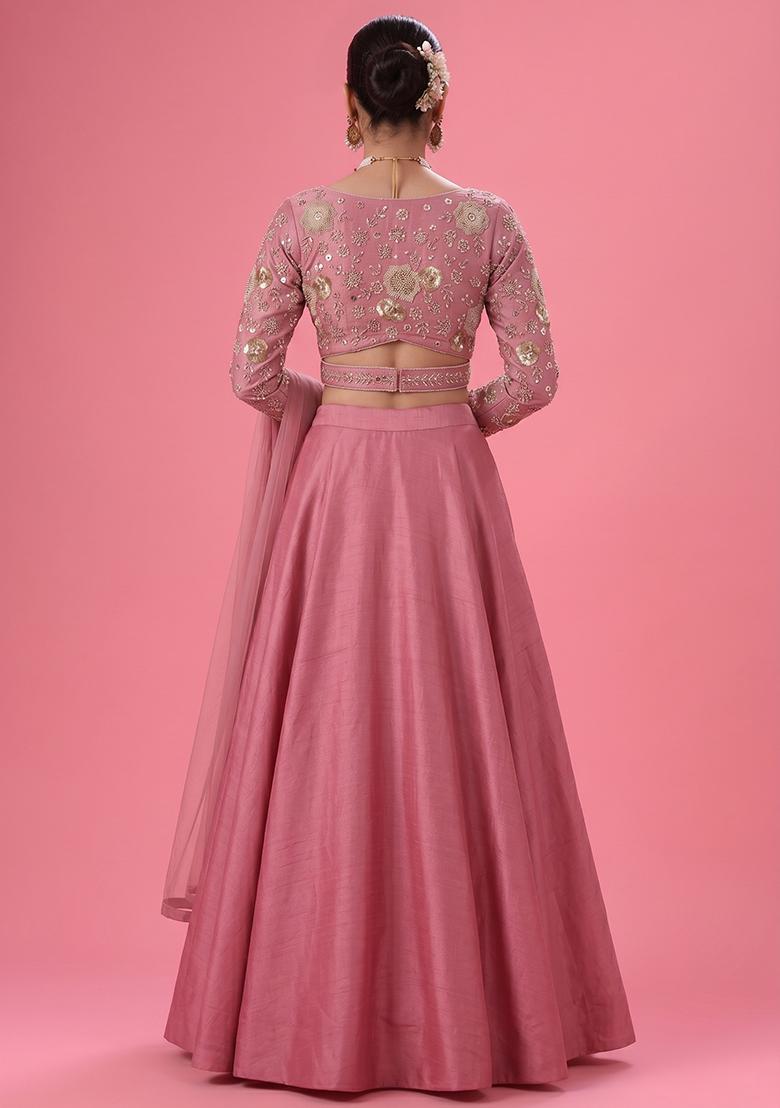 Onion Pink Embroidered Georgette Lehenga Set - Indya