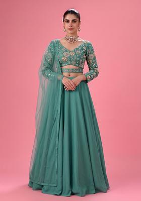 Bottle  Green Embroidered Georgette Lehenga Set