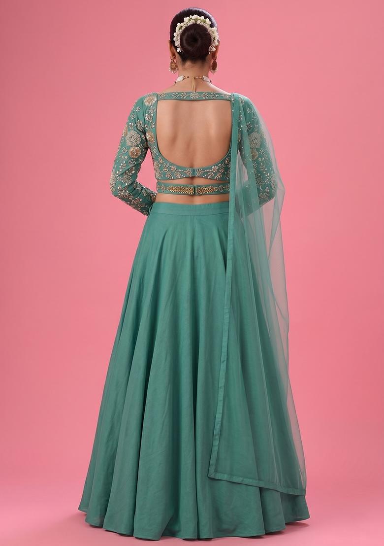Bottle  Green Embroidered Georgette Lehenga Set - Indya