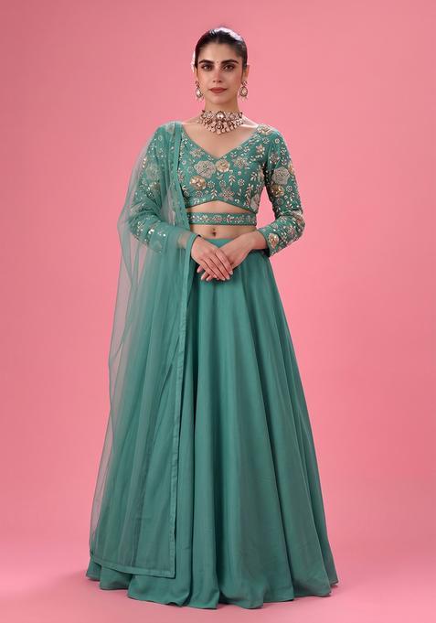 Bottle  Green Embroidered Georgette Lehenga Set