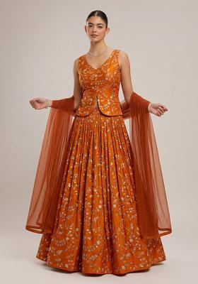 Rust Orange Embroidered Crepe Lehenga Set