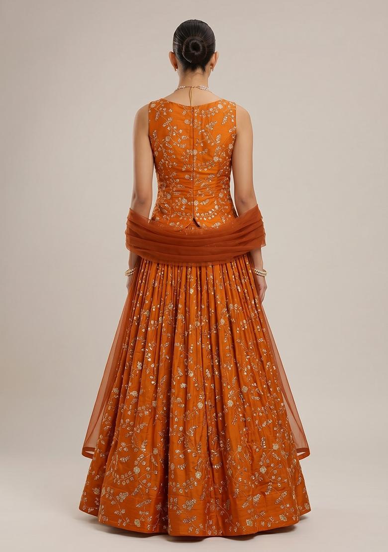Rust Orange Embroidered Crepe Lehenga Set - Indya
