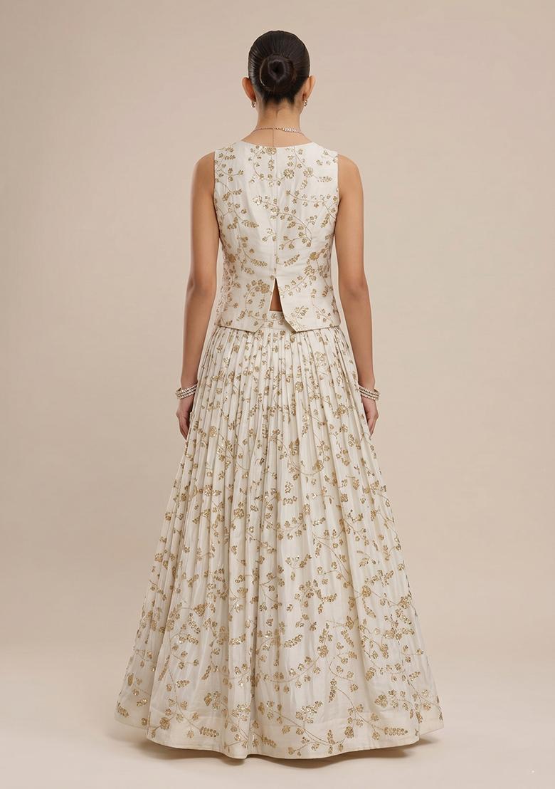 Off White Embroidered Crepe Lehenga Set - Indya