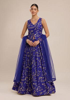 Royal Blue Embroidered Crepe Lehenga Set