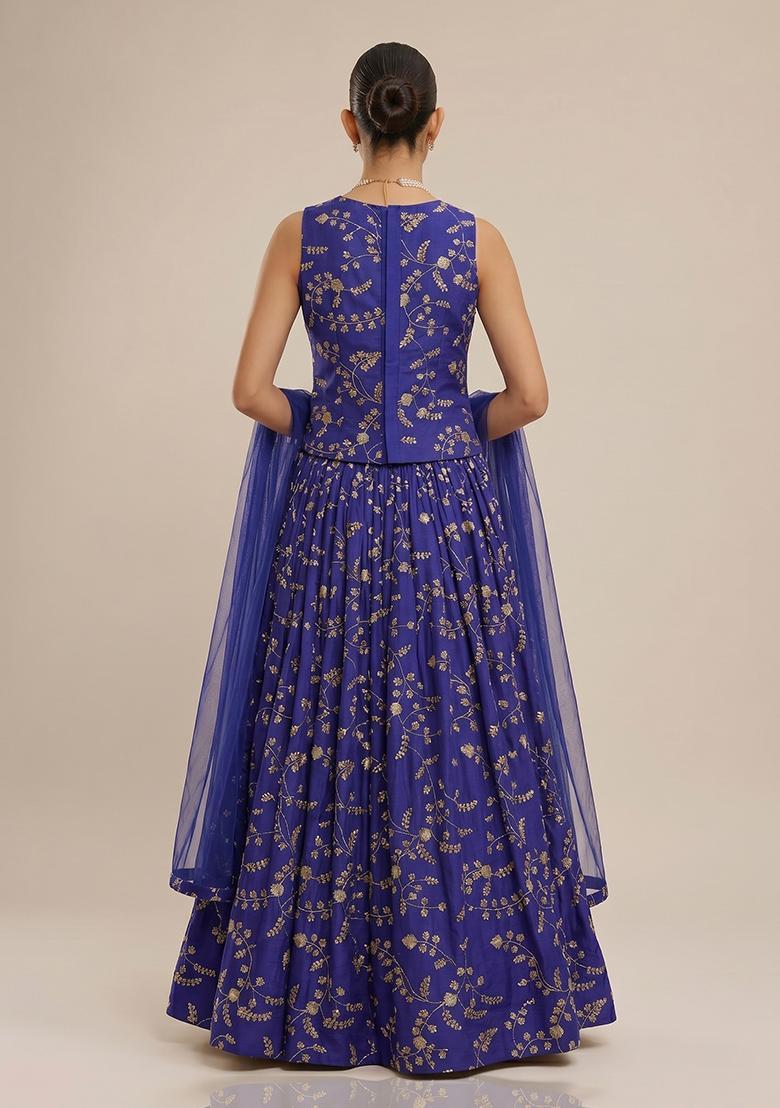 Royal Blue Embroidered Crepe Lehenga Set - Indya