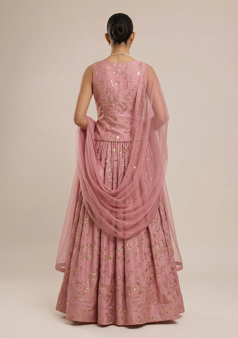 Pastel Pink Embroidered Crepe Lehenga Set - Indya