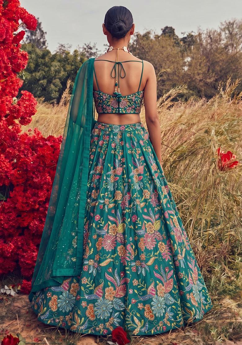 Teal Green Sequin Georgette Lehenga Set - Indya