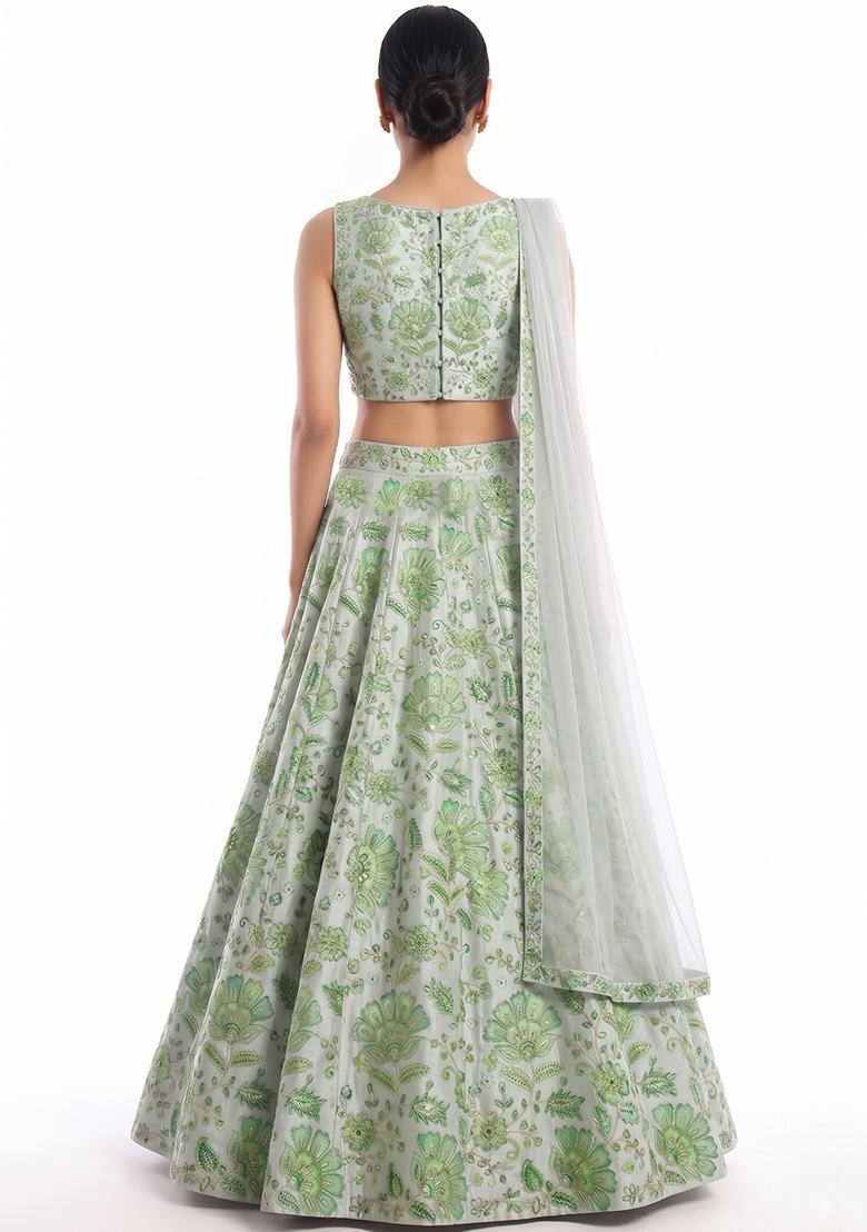 Mint Green Sequin Georgette Lehenga Set - Indya