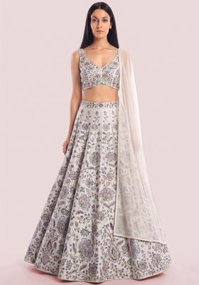 Off White Embroidered Chanderi Lehenga Set