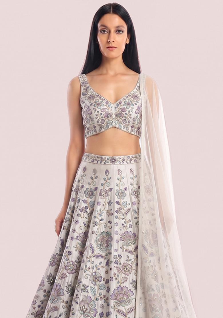 Off White Embroidered Chanderi Lehenga Set - Indya