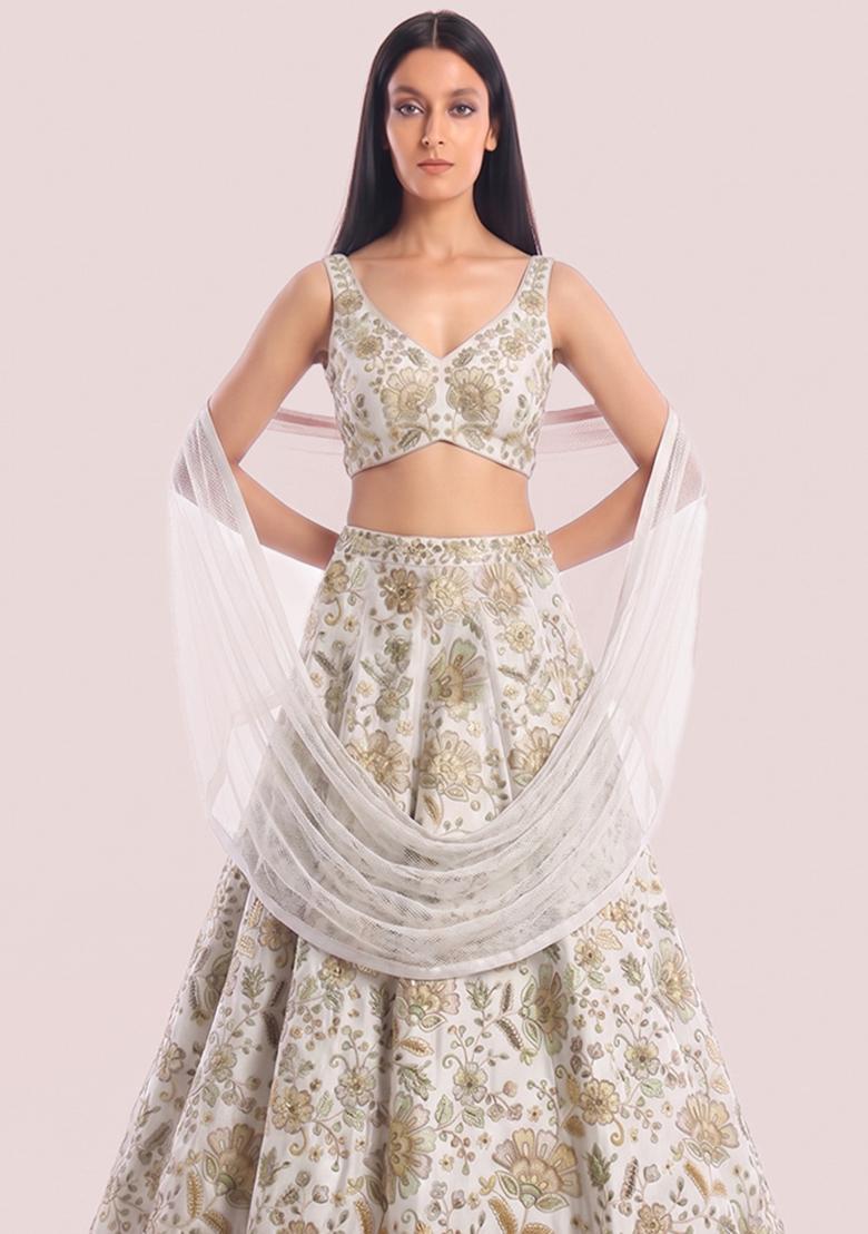 Off-White Embroidered Chanderi Lehenga Set - Indya