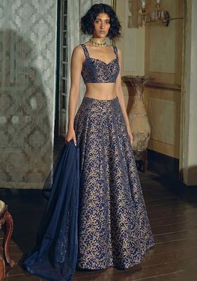 Navy Blue Zari Silk Blend Lehenga Set