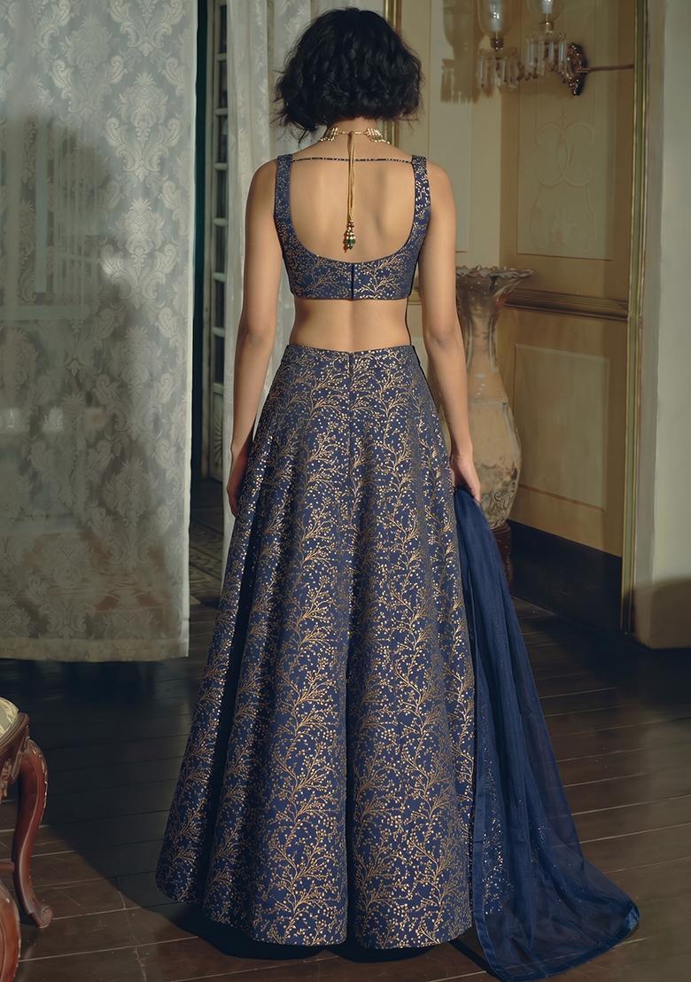 Navy Blue Zari Silk Blend Lehenga Set - Indya