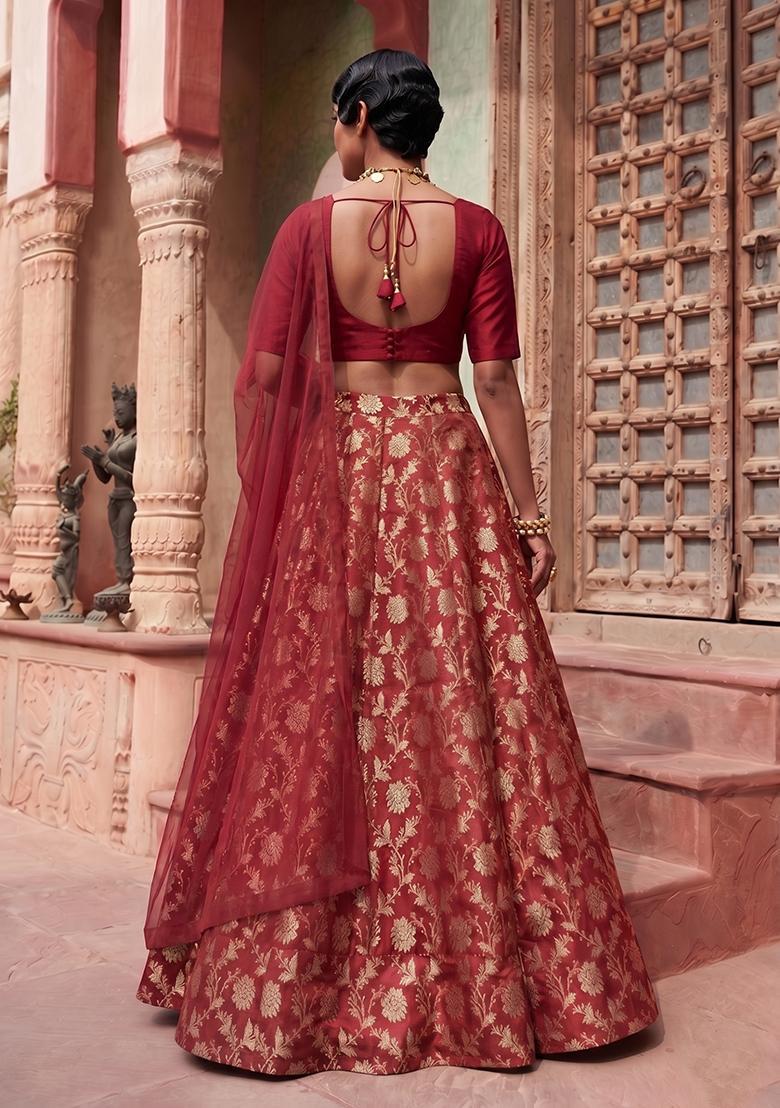 Red Silk Blend Lehenga Set - Indya