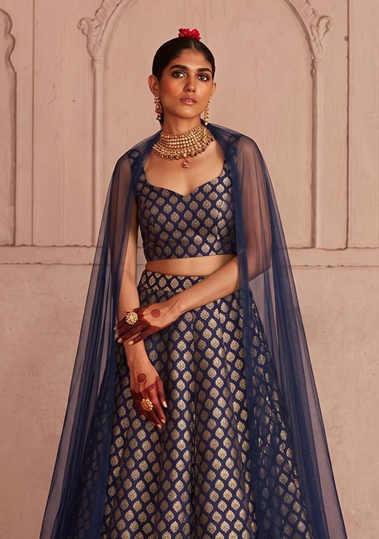 Dusty Blue Silk Blend Lehenga Set - Indya